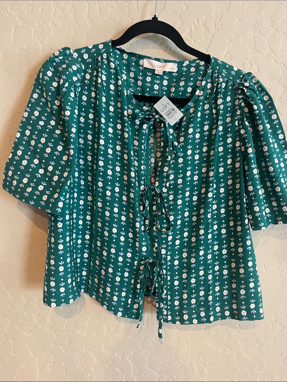 LOFT Teal Green Floral Tie-Front Peasant Blouse